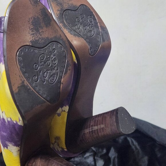 Purple Yellow Heart Open Toe Cloth Heels Size 7.5 - Picture 6 of 8